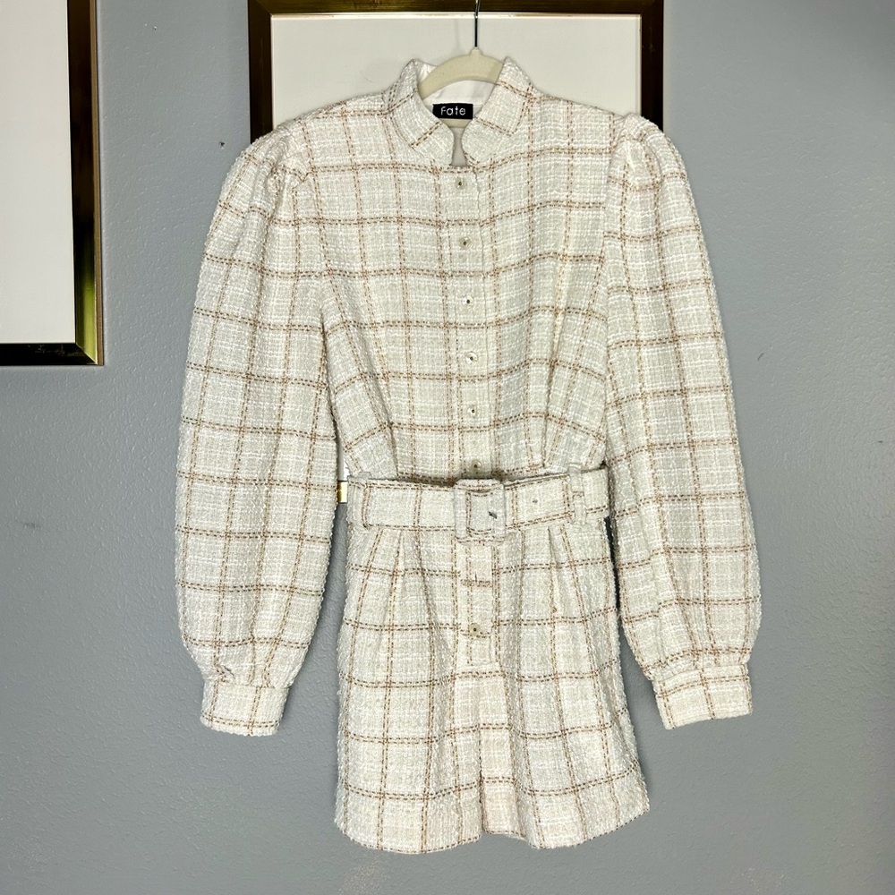 Fate White and Gold Tweed Belted Romper